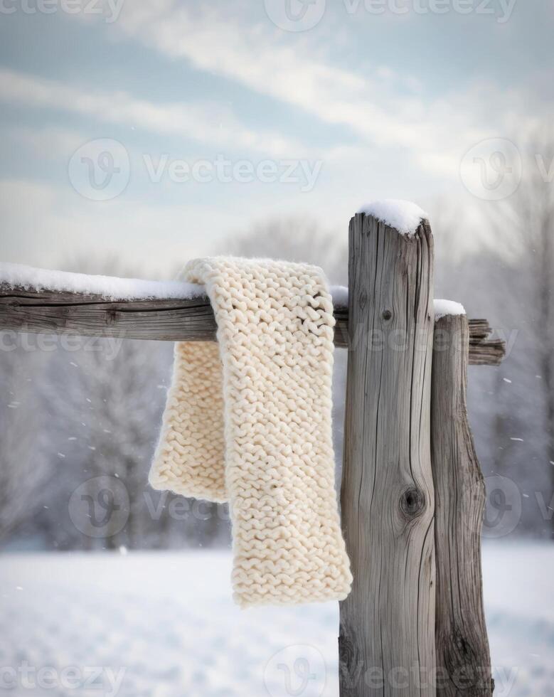 A knitted scarf is hanging on a wooden fence photo