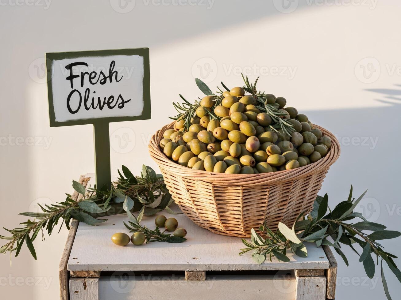 Fresh olives in a basket with a sign for fresh olives photo