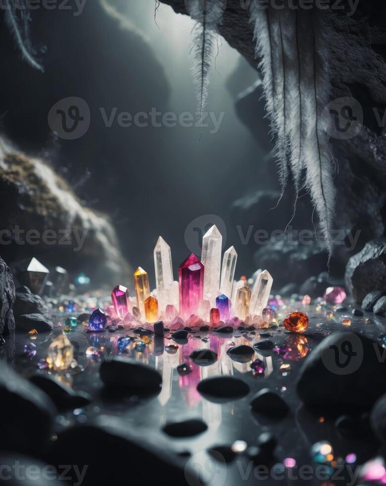 A crystal is sitting in a cave with crystals around it photo