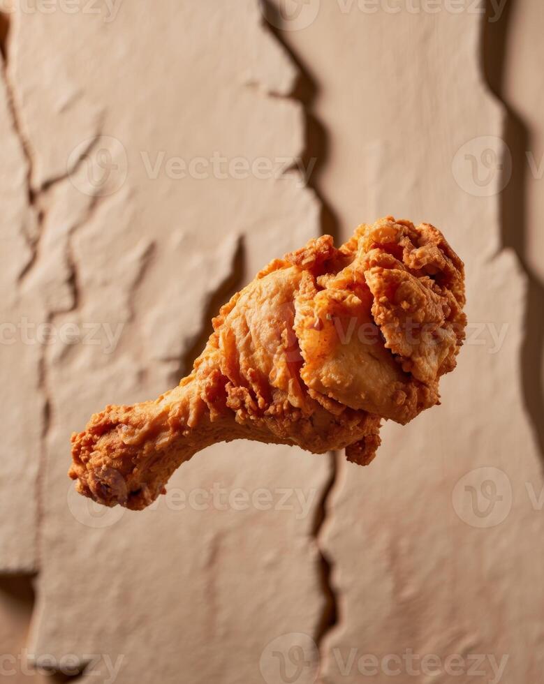 A fried chicken wing is shown in front of a wall photo
