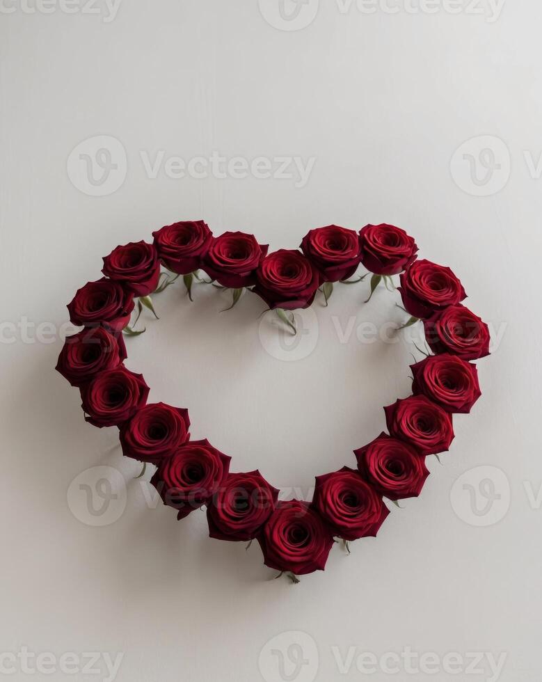 A heart shaped arrangement of red roses photo
