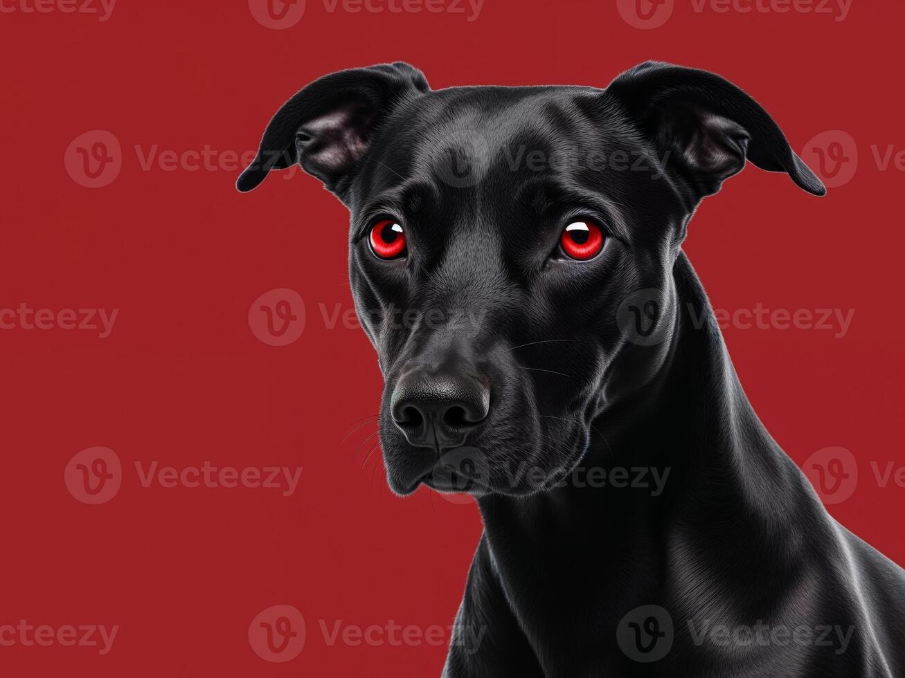 A black dog with red eyes on a red background photo