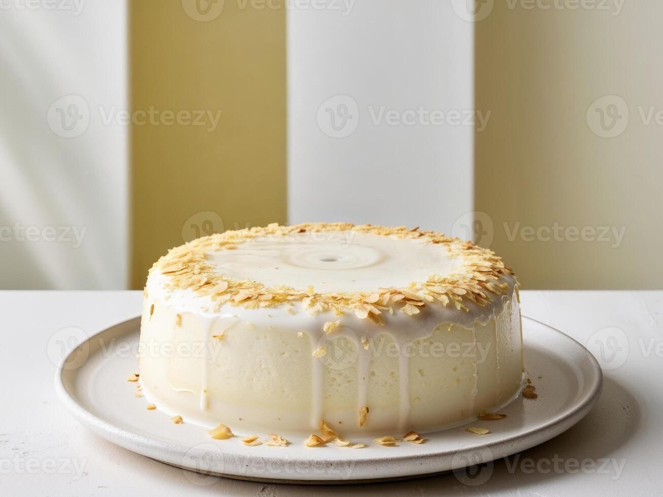 The soft texture of the lemon yoghurt cake has a hint of nutty a thin coating of almond photo