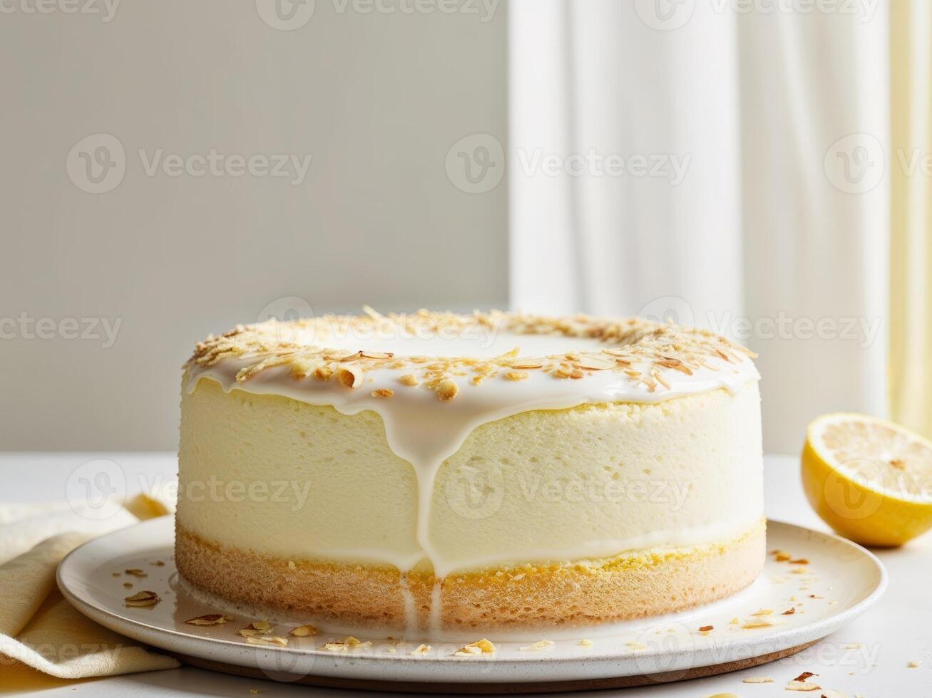 The soft texture of the lemon yoghurt cake has a hint of nutty a thin coating of almond photo