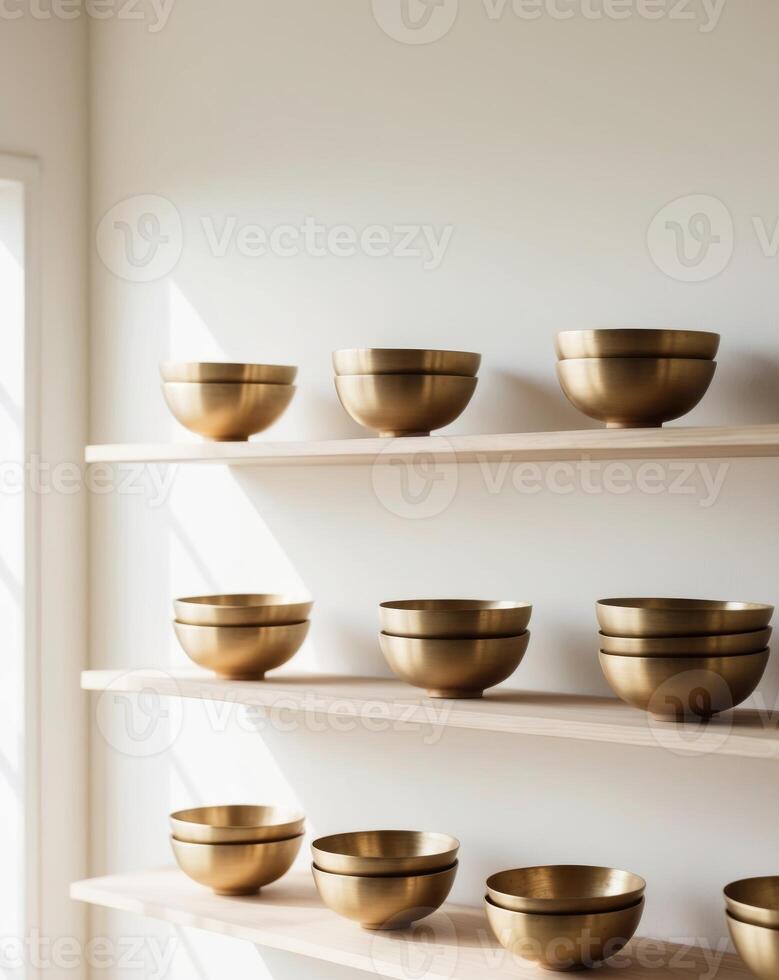 Golden Bowls on Shelves for Decorative Purposes photo