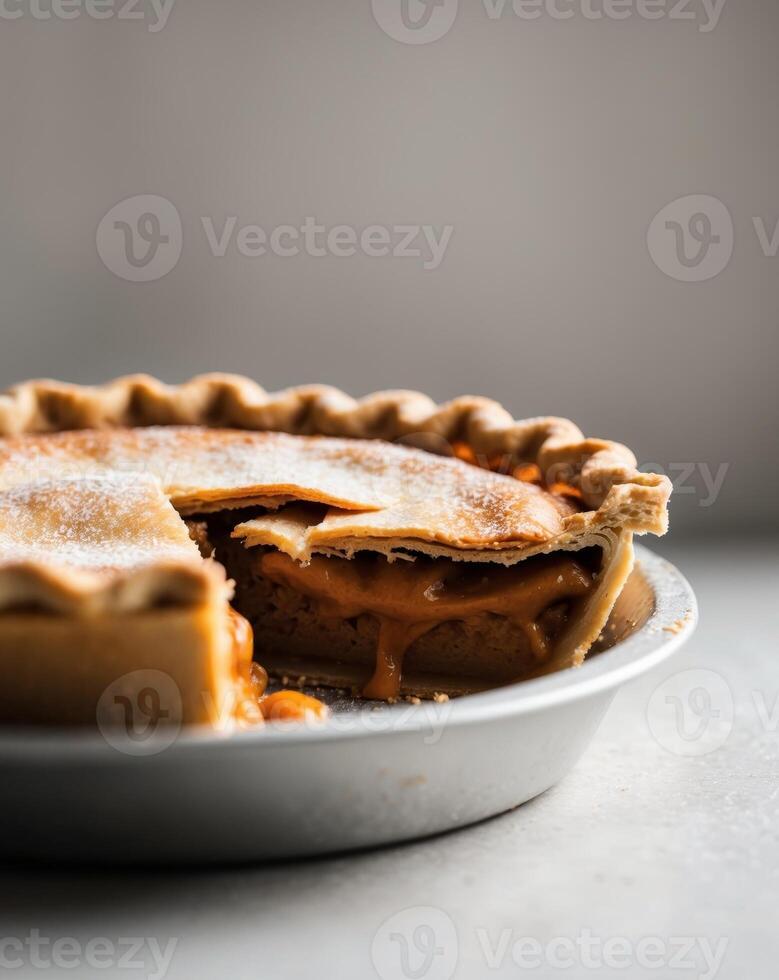 Close up of the tempting charm of the filling overflowing when the pie is sliced open photo