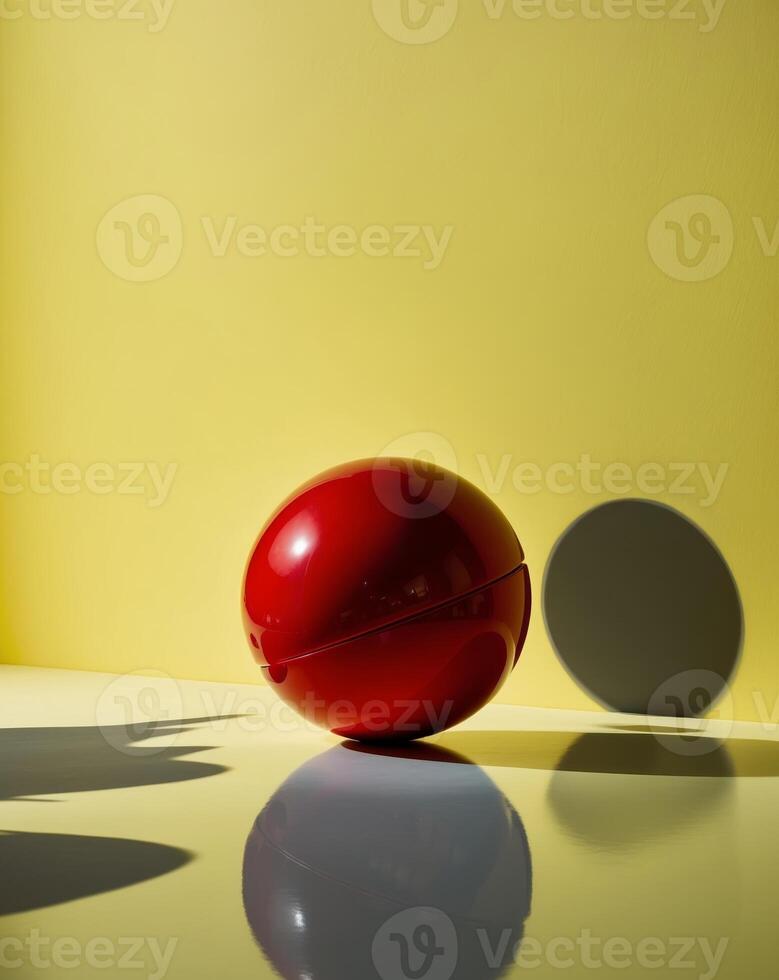 Bright yellow background with a red ball creating playful shadows and reflections photo