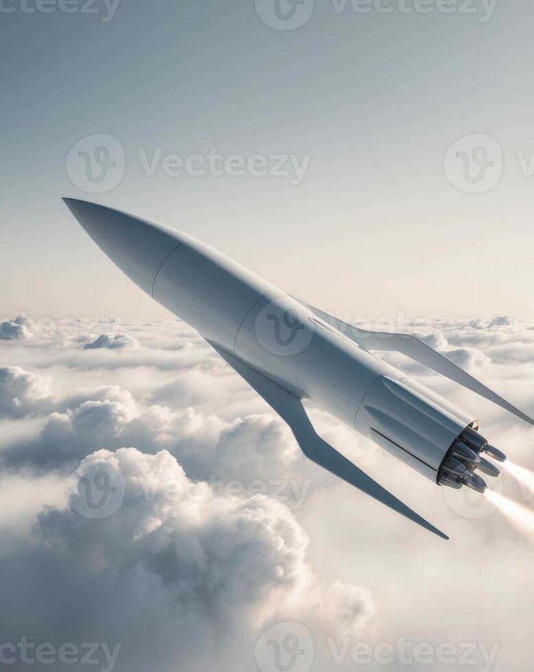 A futuristic modern white rocket zooming through fluffy clouds photo