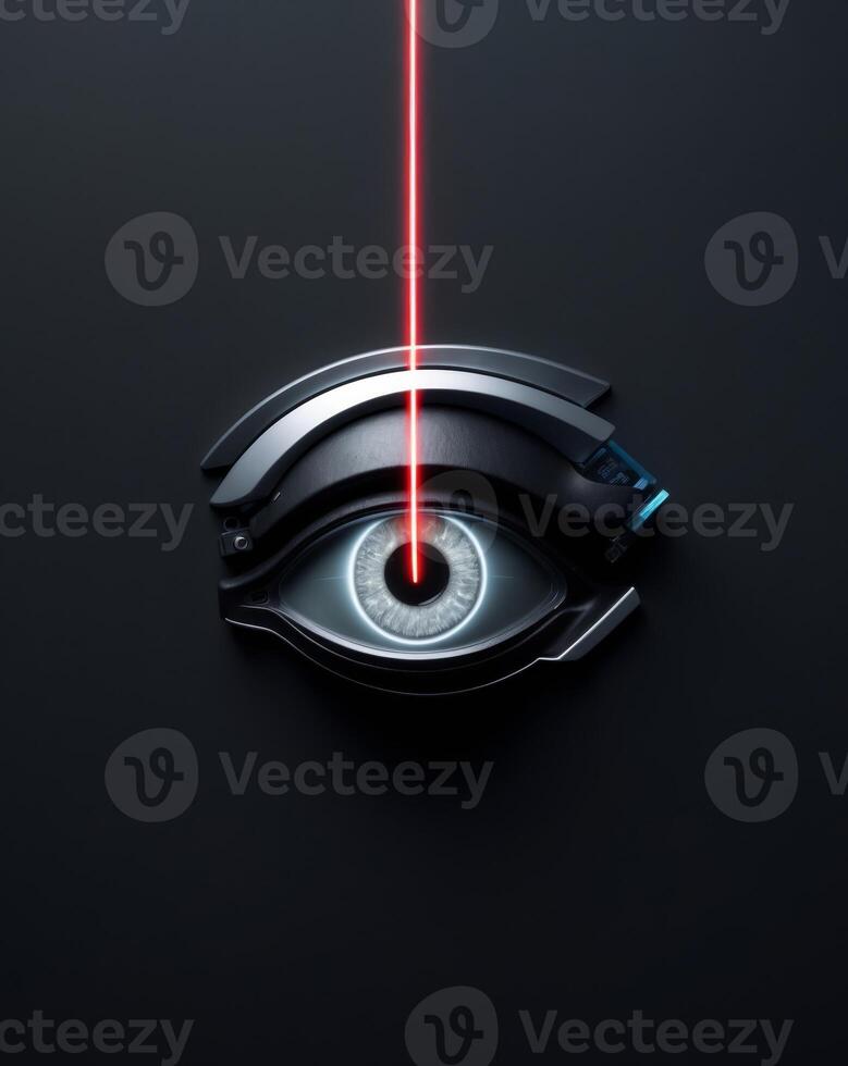 Cybernetic eye emitting a red scanning beam on a solid black background photo