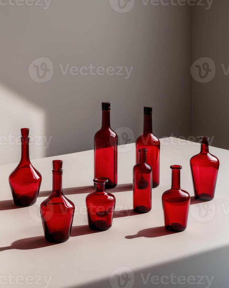 A collection of red glass bottles placed on a flat surface photo