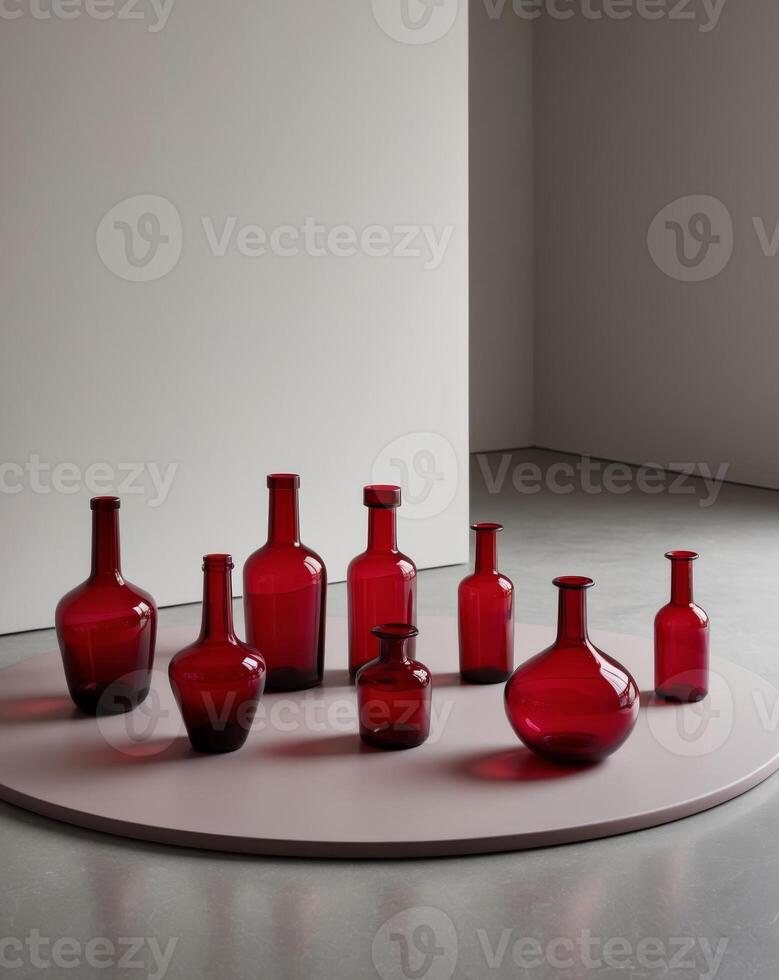 A collection of red glass bottles placed on a flat surface photo