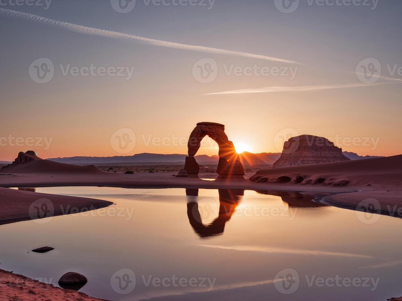 Majestic Sunrise Over Desert Arch Reflecting in Tranquil Waters photo