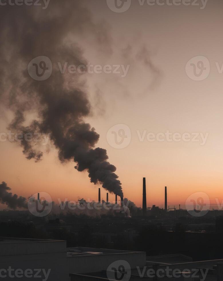 Cityscape at Sunset with Industrial Smoke photo