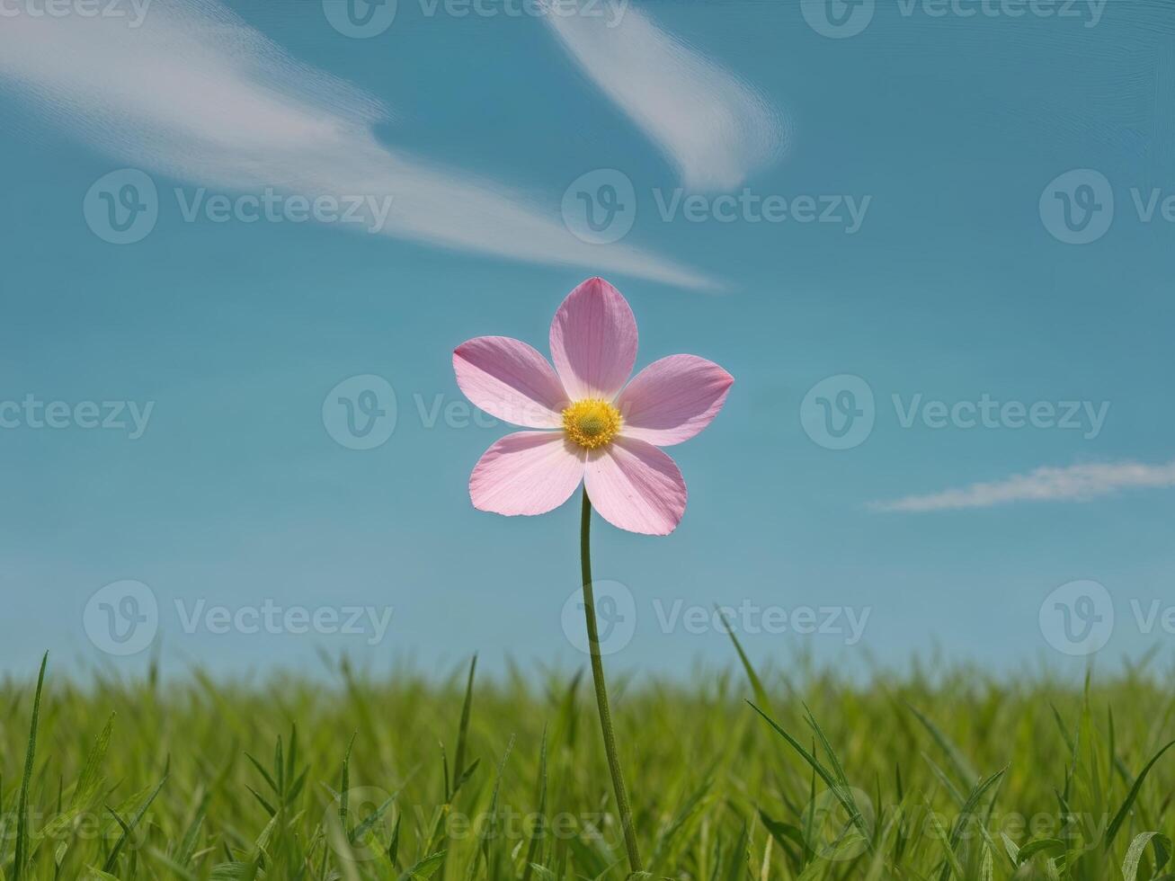 A single pink flower in the middle of a field photo