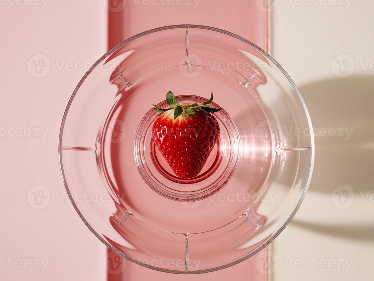 Refreshing Strawberry Extract on Empty Glass Podium Top View on Pink Background photo
