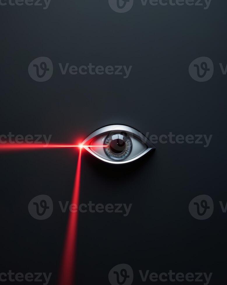 Cybernetic eye emitting a red scanning beam on a solid black background photo