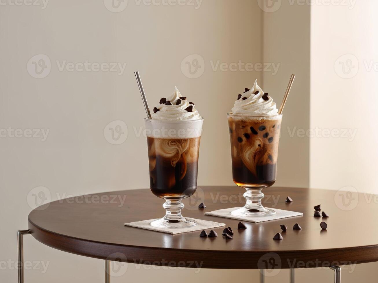 Two Iced Coffees with Chocolate Chips and Whipped Cream photo