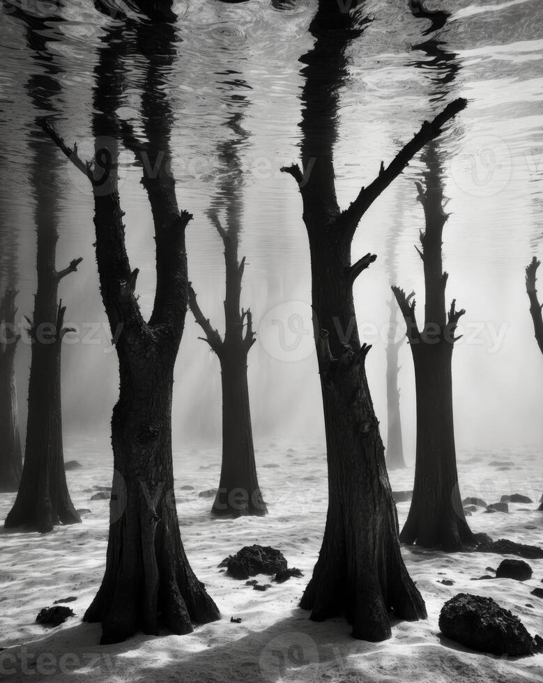 A black and white photo of trees in the water