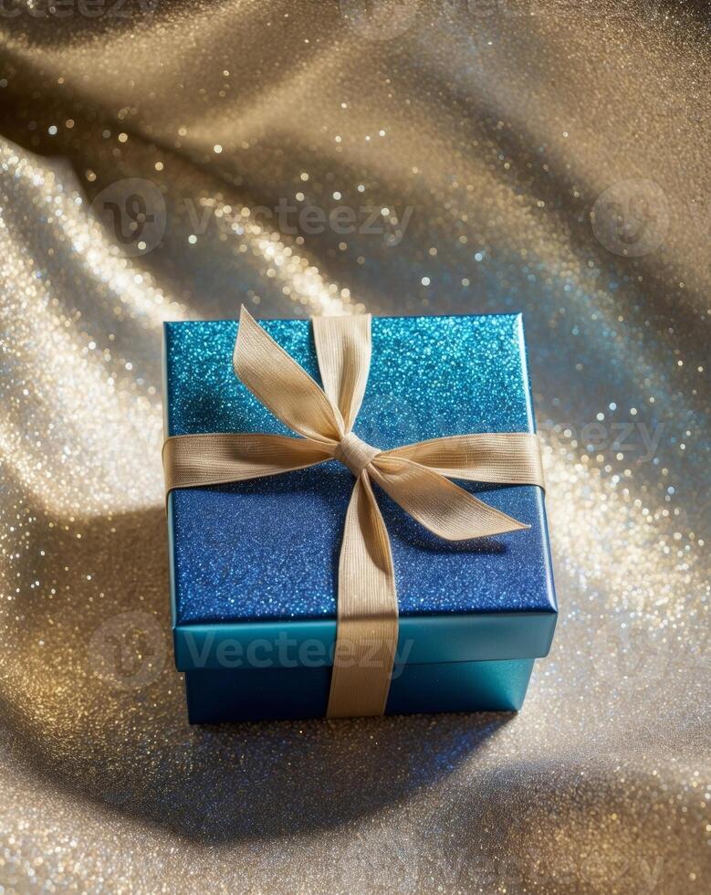 Blue gift box with gold ribbon on a golden background photo