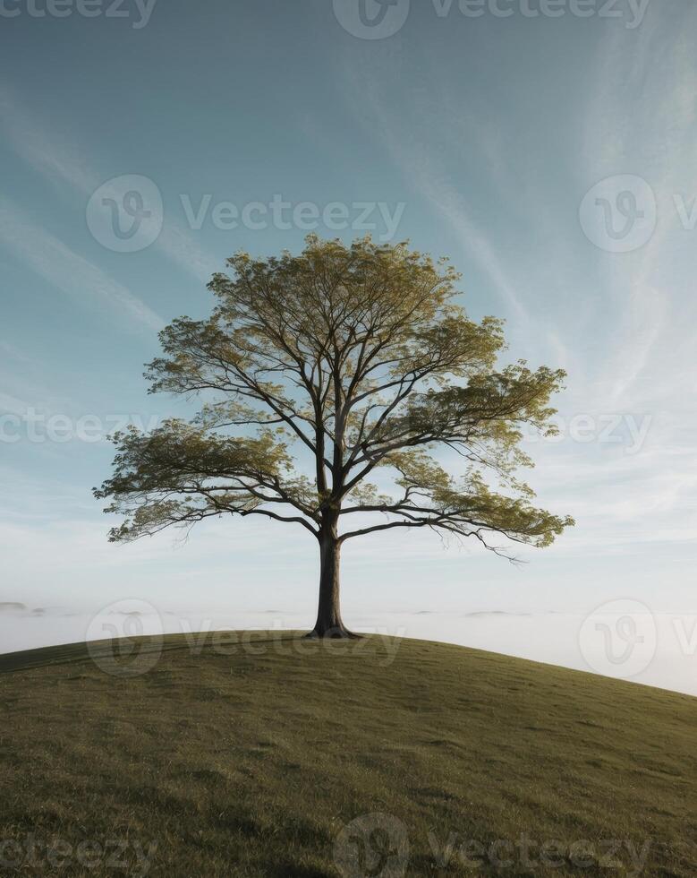 Tree on a hill with fog in the background photo