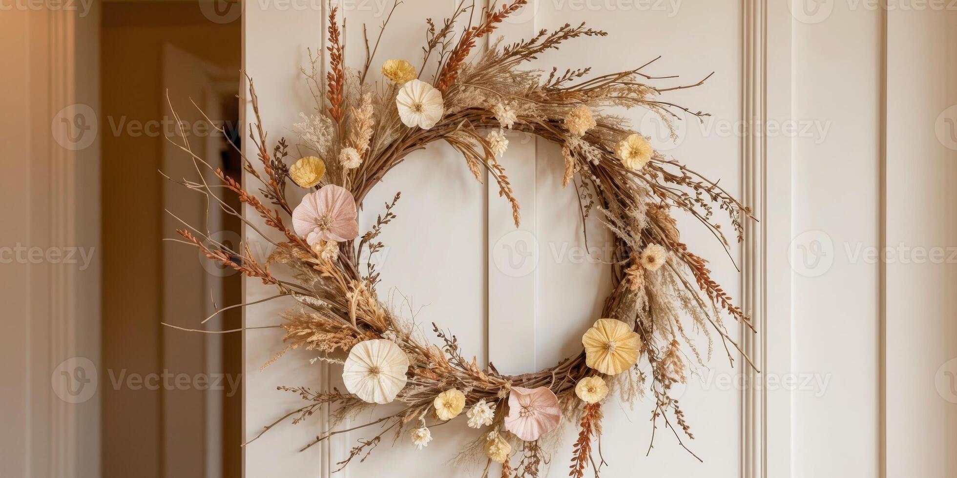 A wreath with dried flowers on the door photo