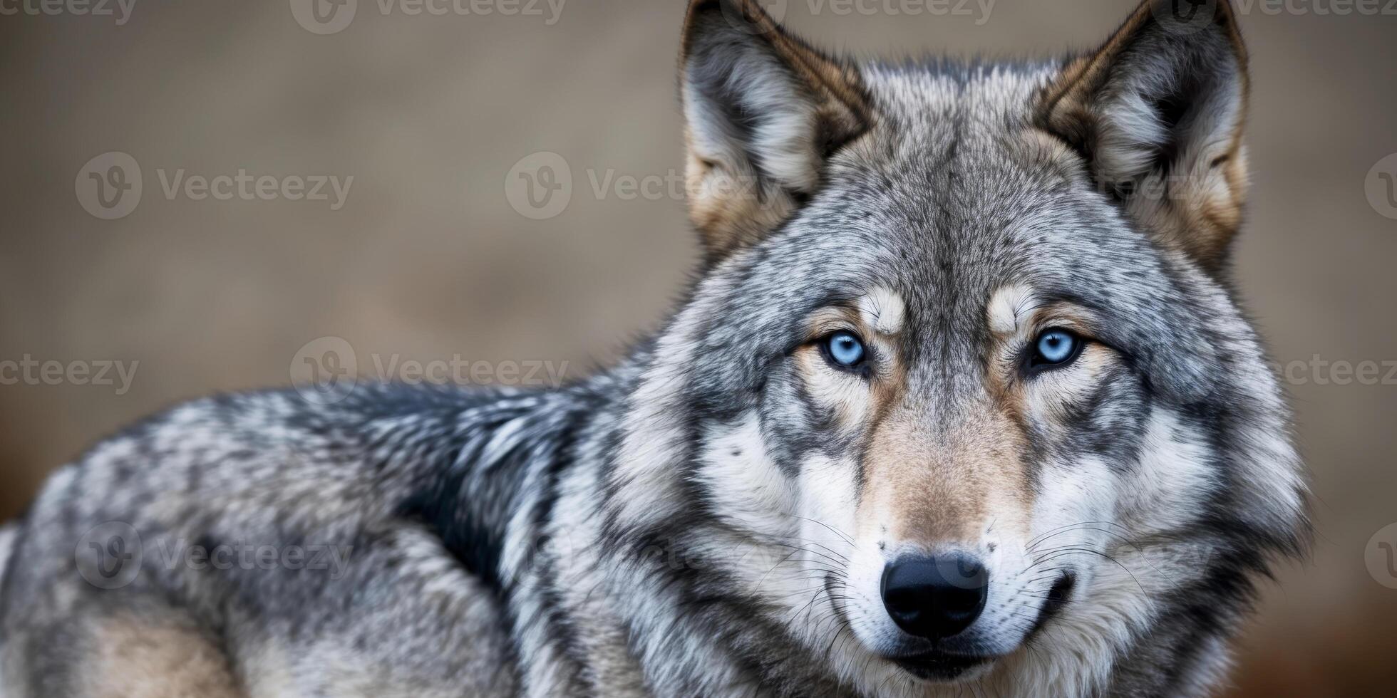 A wolf with blue eyes is looking at the camera photo