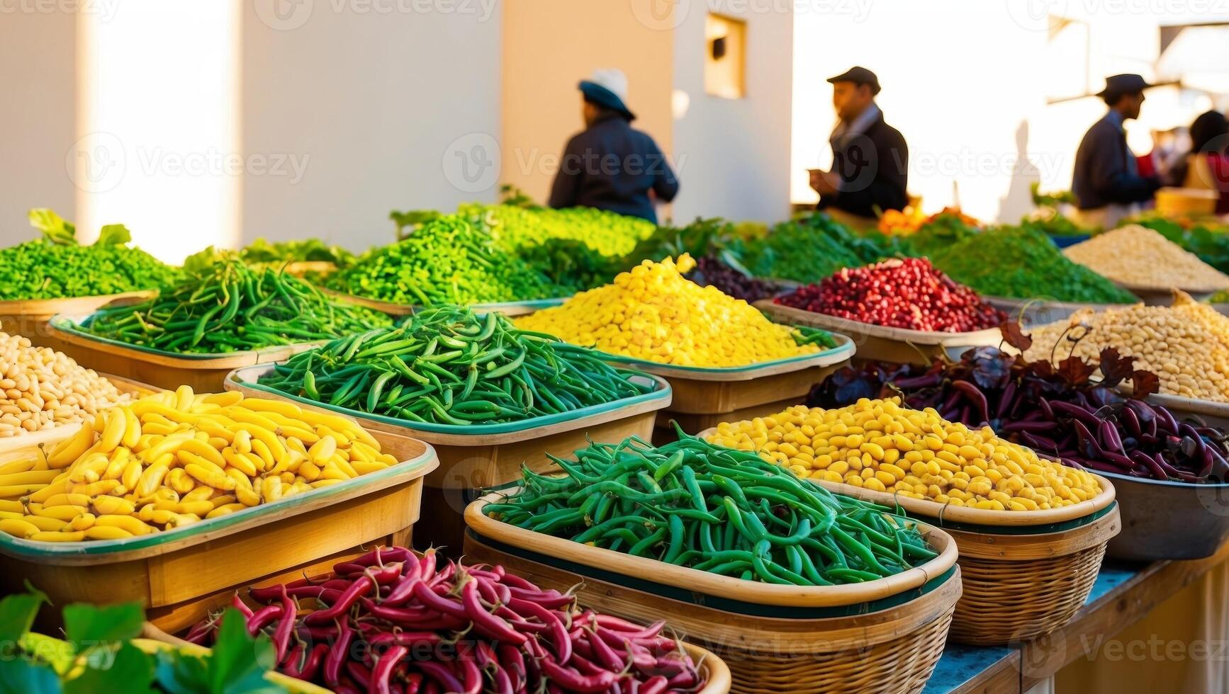 A variety of colorful vegetables are displayed in baskets photo