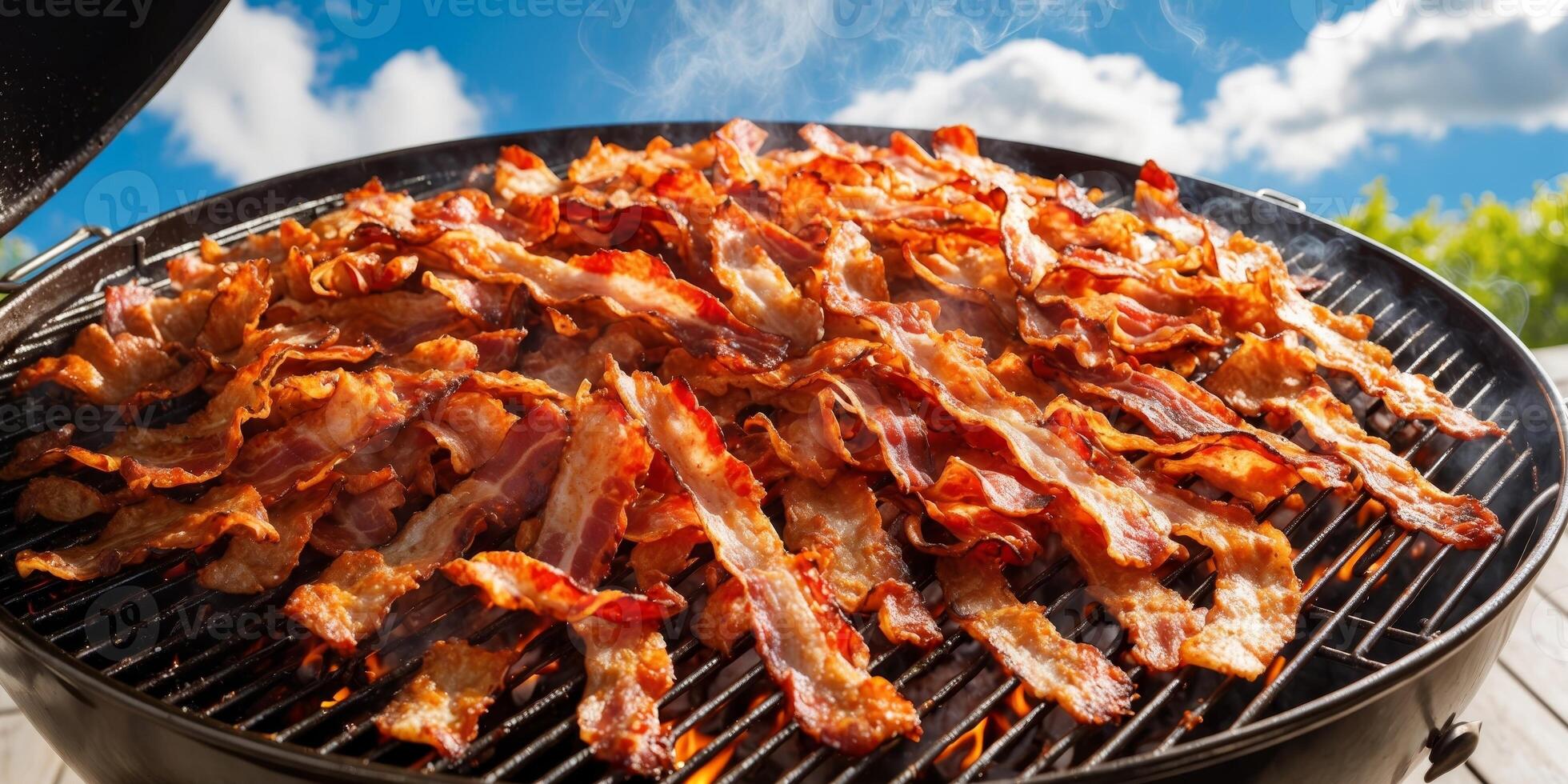 A large grill with bacon cooking on it photo
