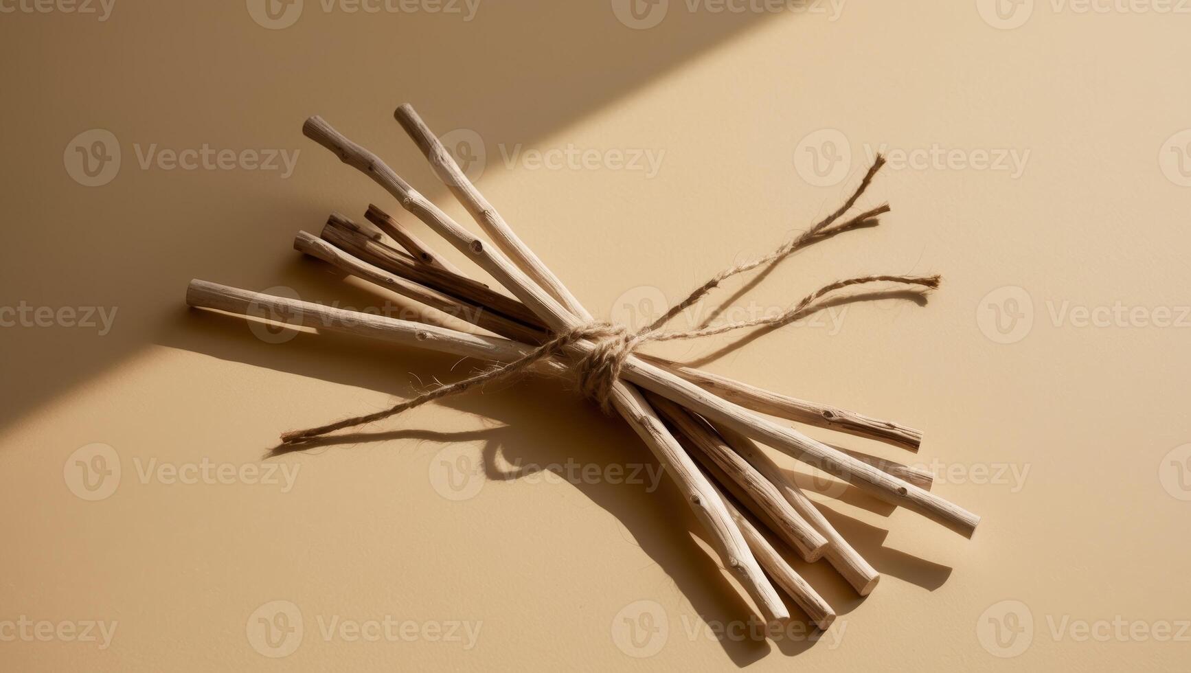 A bundle of twigs tied with twine on a yellow background photo