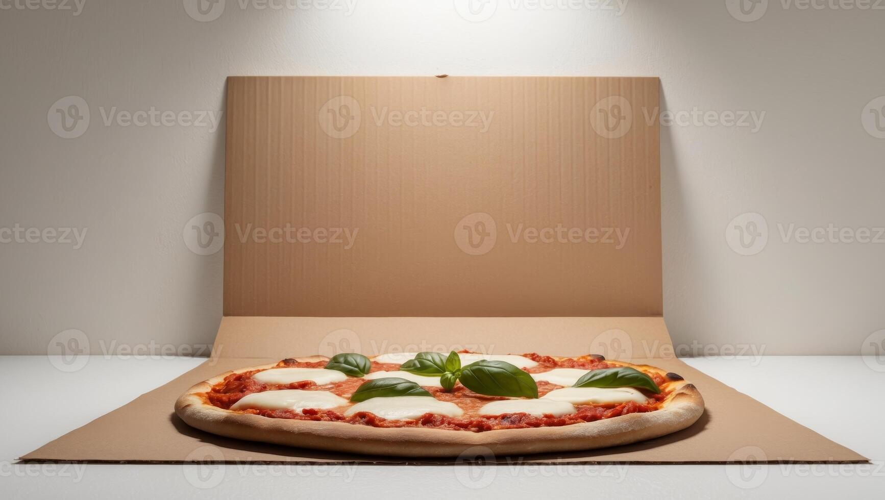 A pizza is sitting in a cardboard box on a table photo