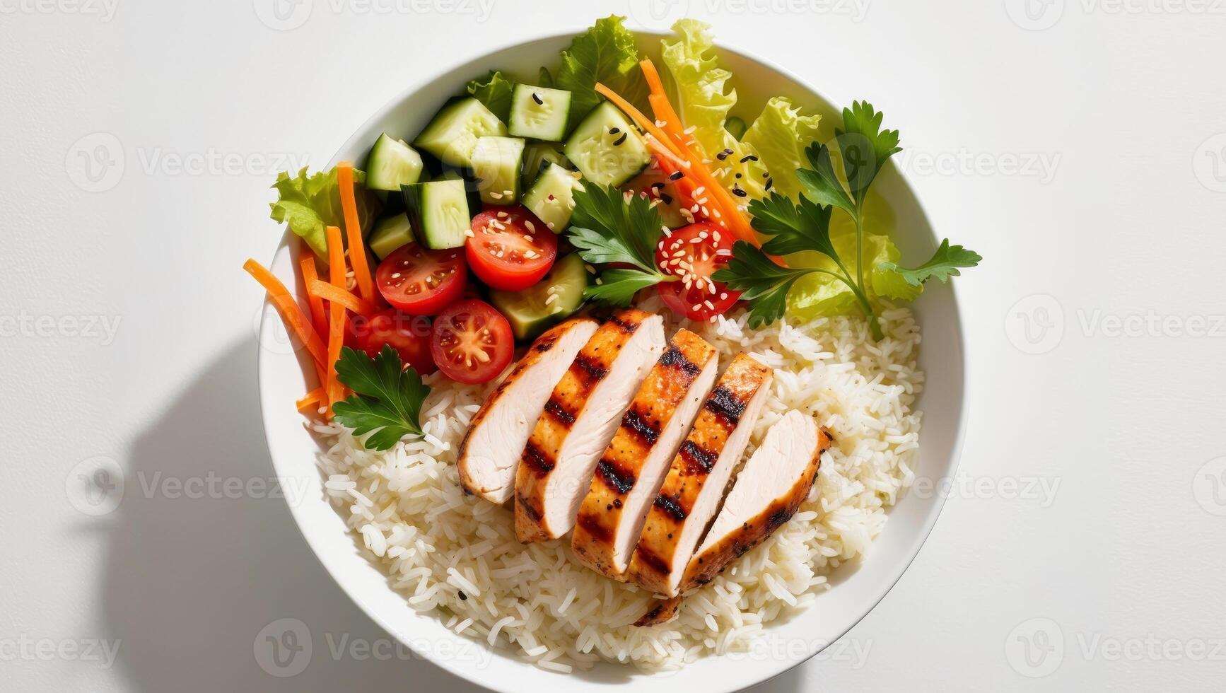 A plate with rice, chicken and vegetables photo