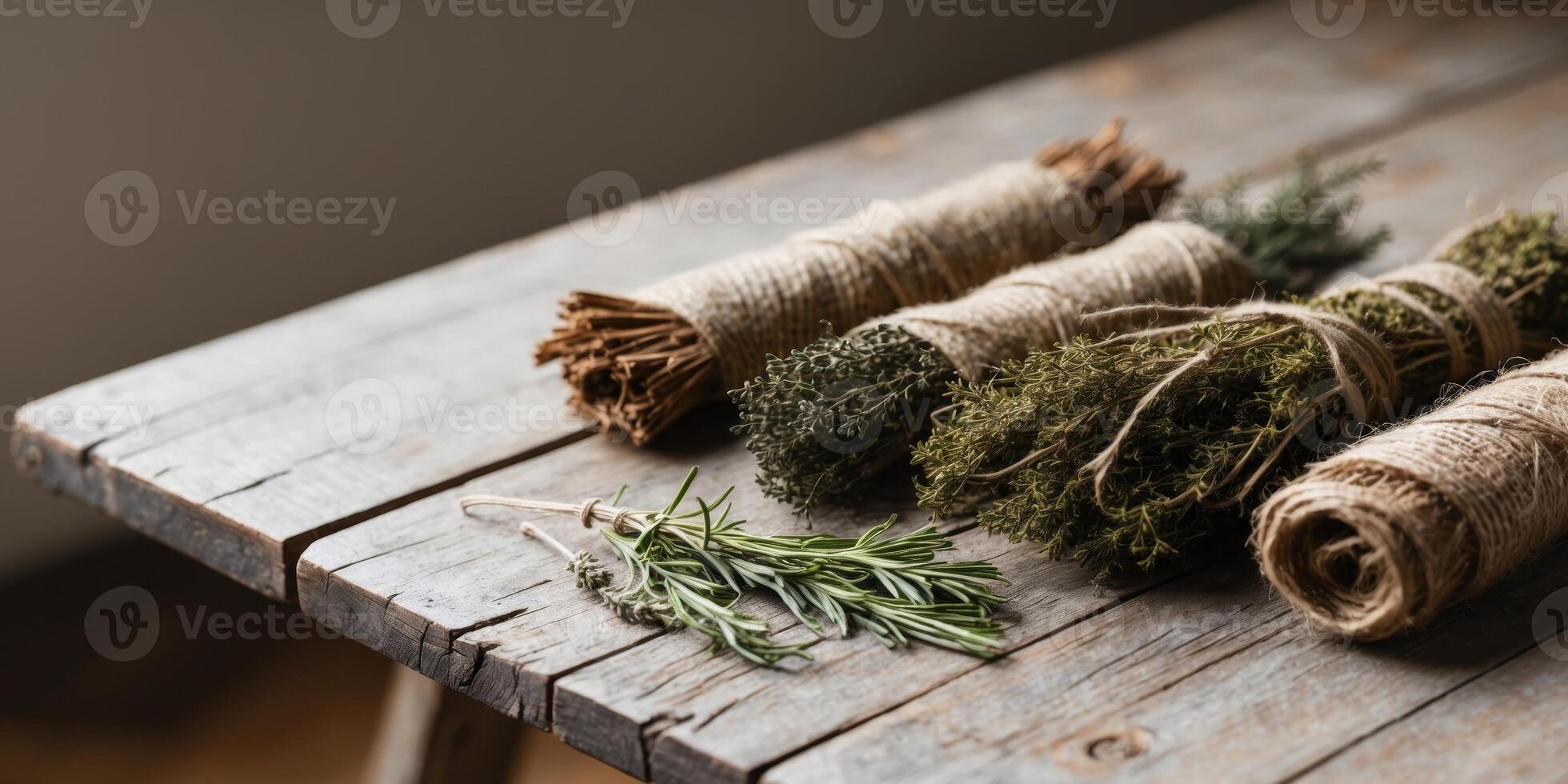 Herbs on a wooden table photo
