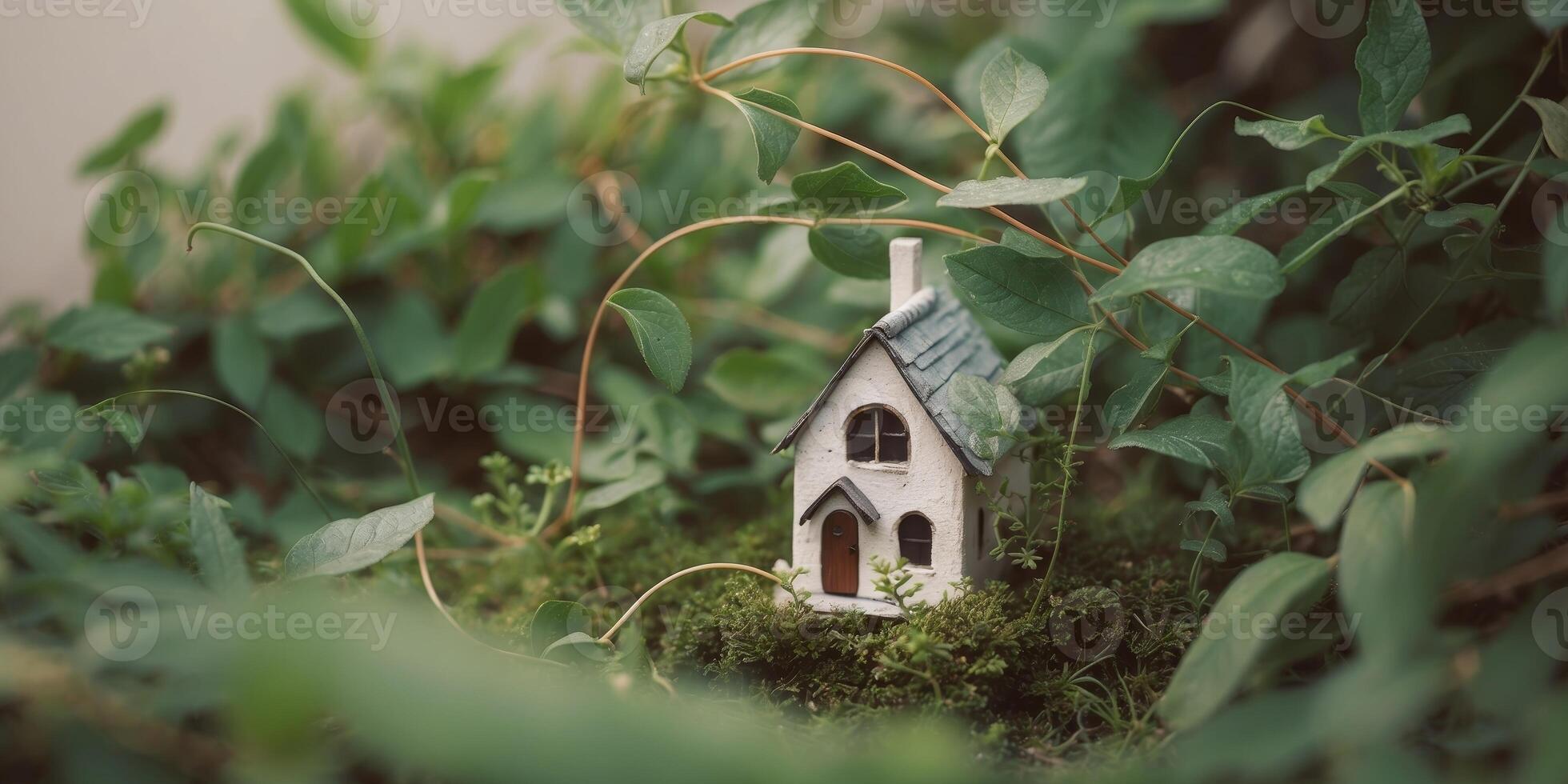 A miniature house is sitting in the middle of a green plant photo