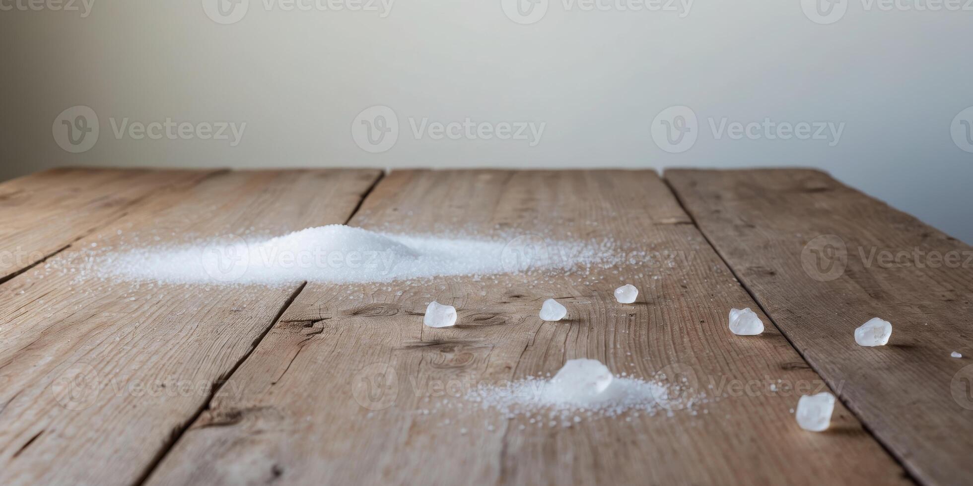 Rustic Wooden Table with Sugar and Salt Crystals photo