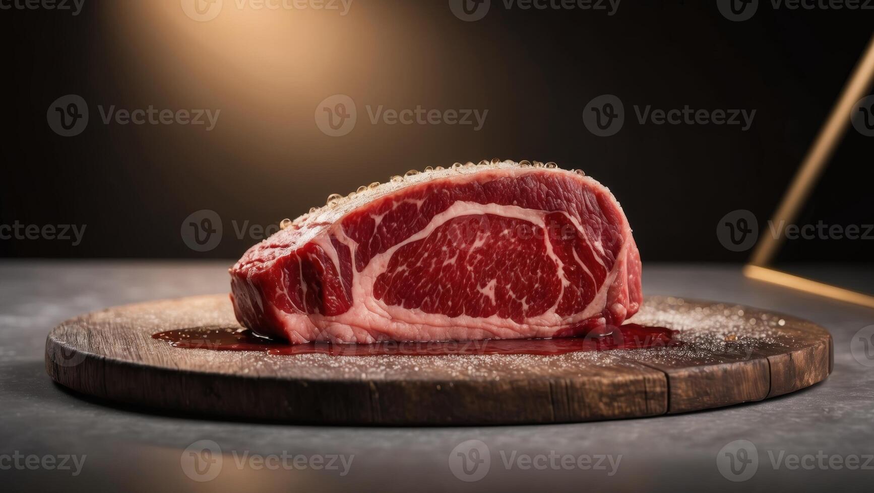 Premium juicy raw steak display on rustic wooden board culinary showcase dark studio background gourmet concept photo