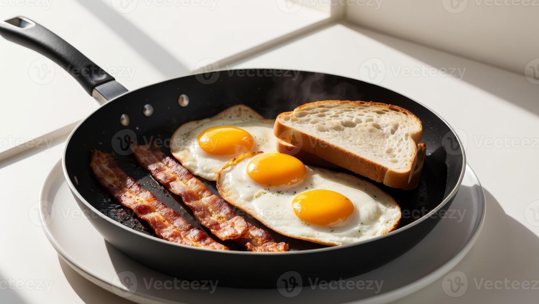 Savoring crispy bacon in a skillet with eggs and toast photo