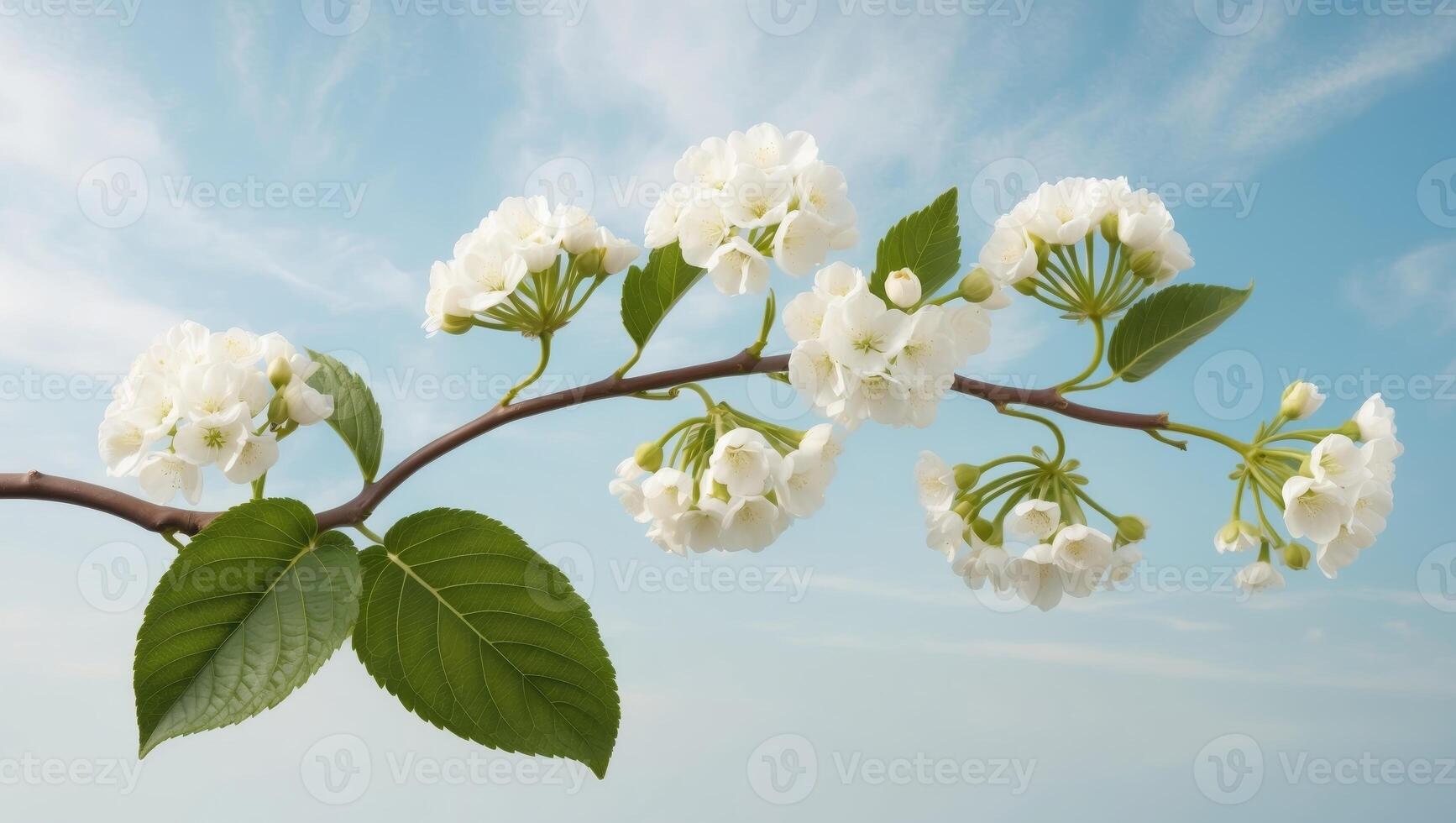 A branch of white flowers with green leaves on a blue background photo