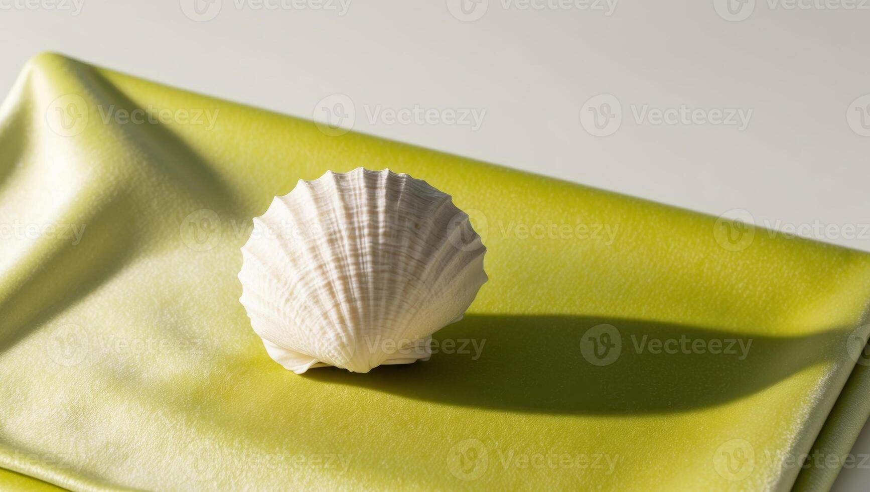 A single shell sitting on top of a green cloth photo