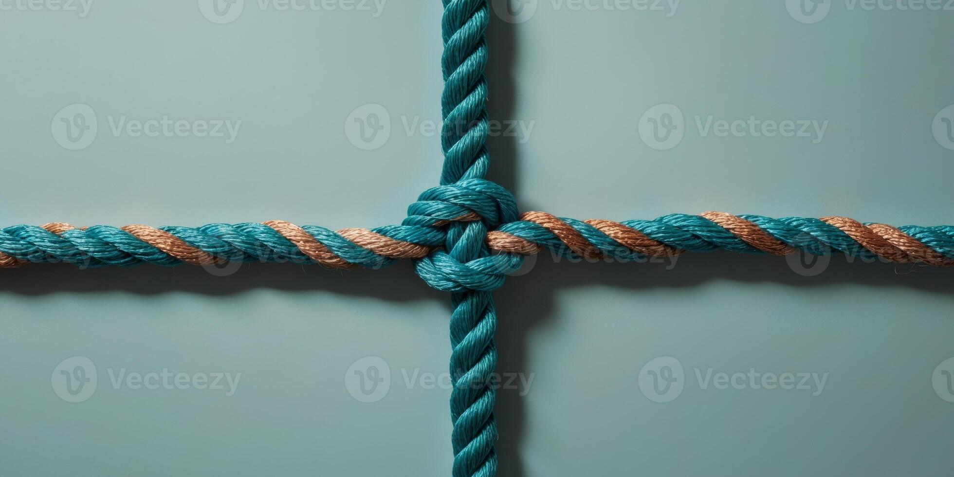 Close up of a colorful knotted rope on teal background symbolizing unity and teamwork photo