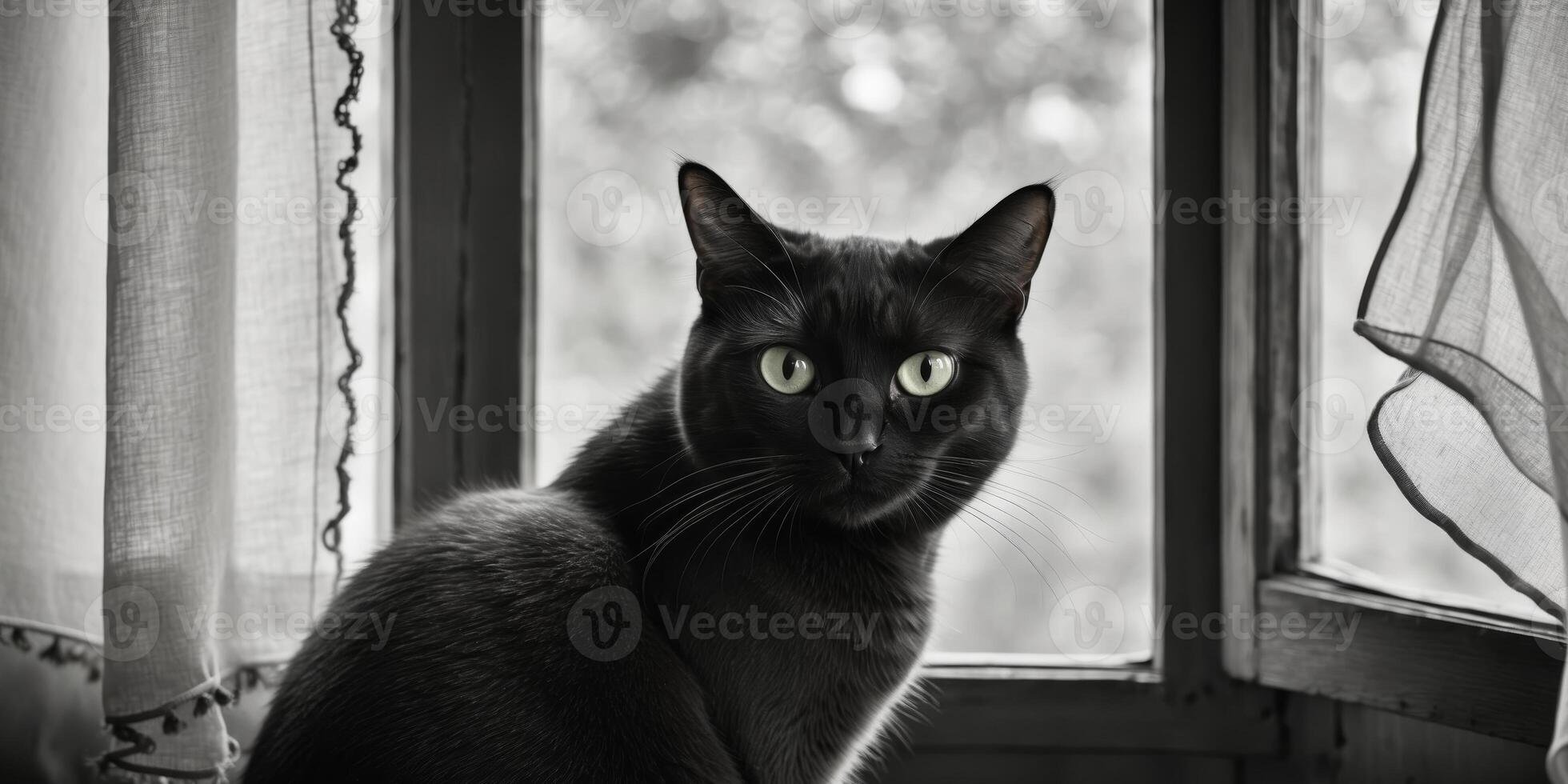 Sitting cat with bright green eyes gazing out a window photo