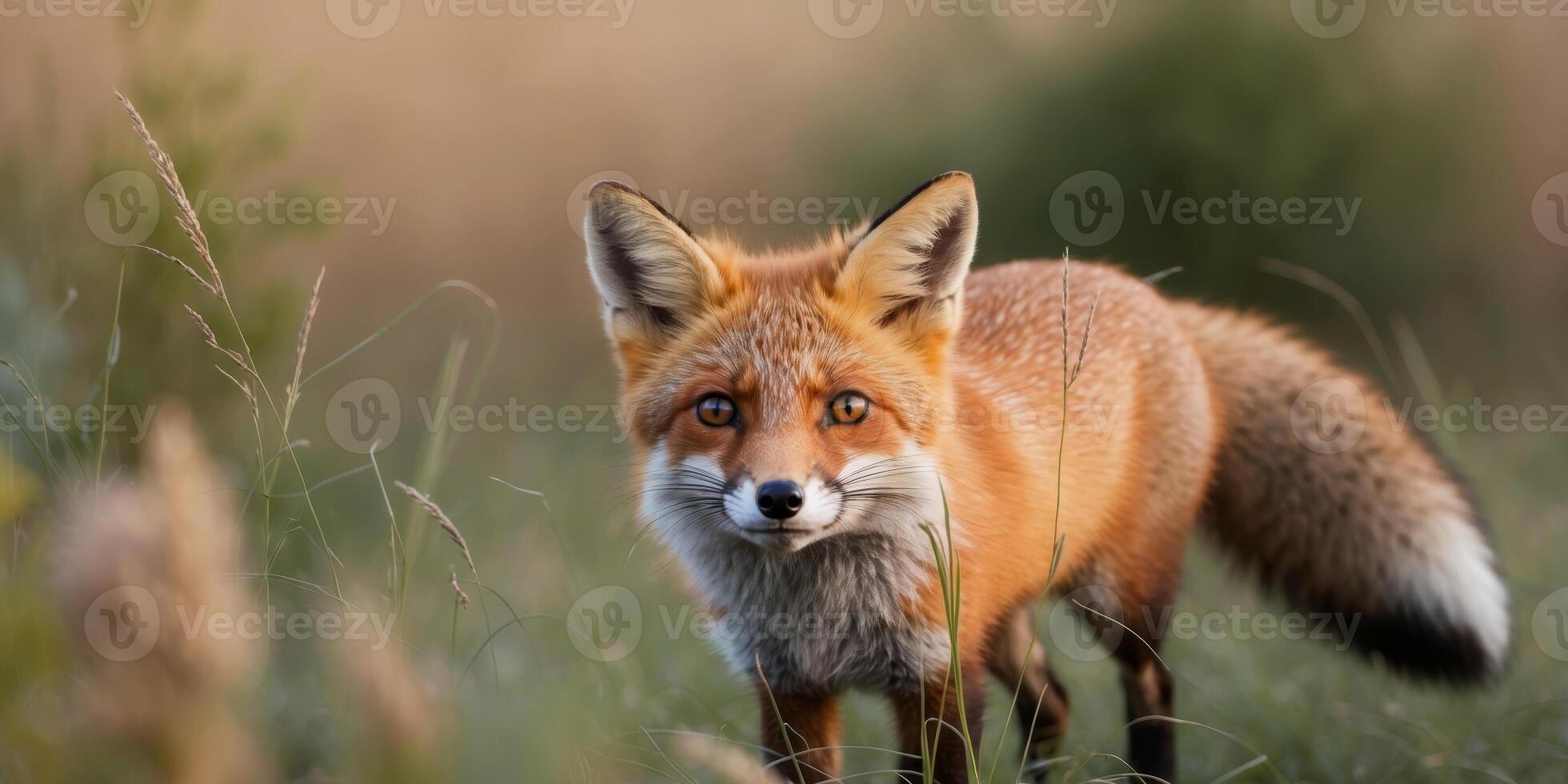 Curious little fox peeking through tall grass photo