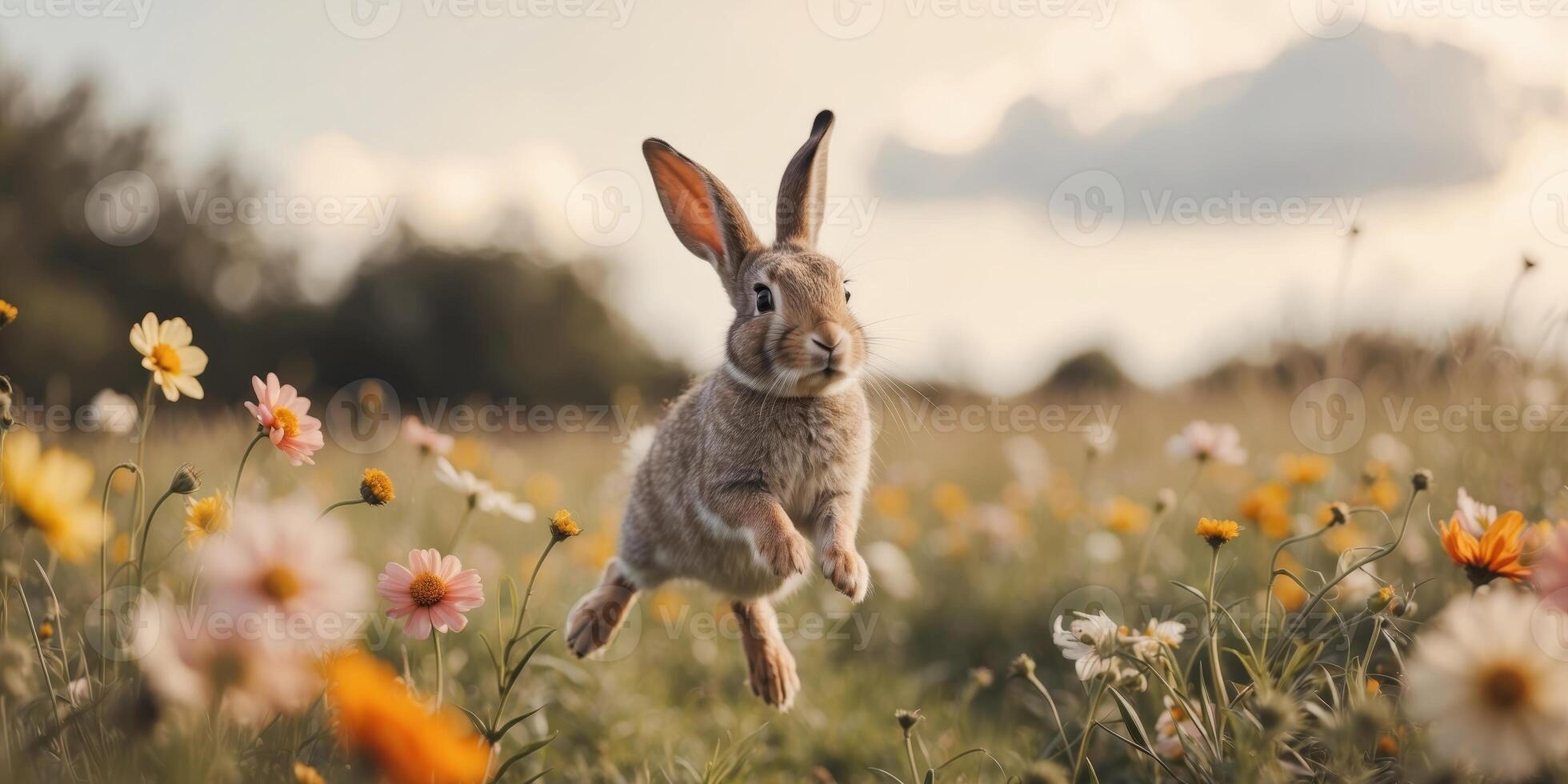 Bouncing rabbit in a field of wildflowers photo