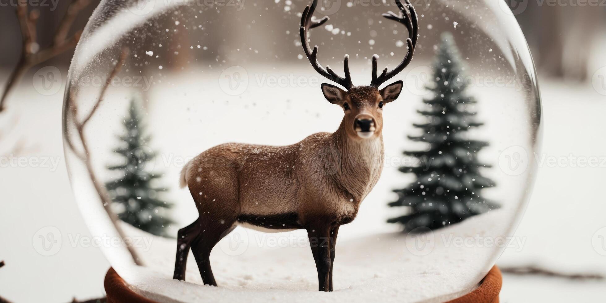 A snow globe features a majestic reindeer standing in a snowy landscape photo