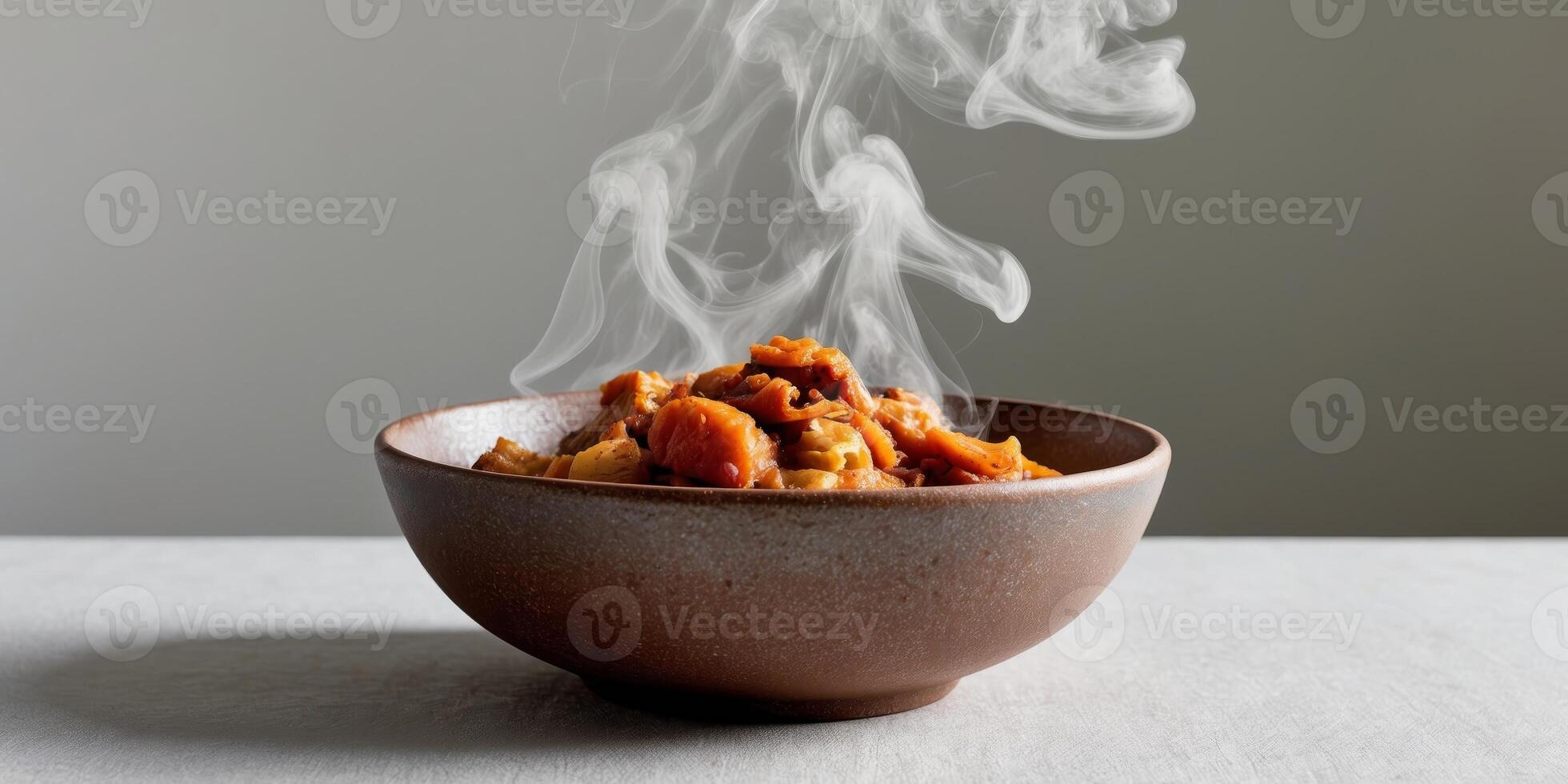 A bowl of food is steaming and has a lot of smoke coming out of it photo