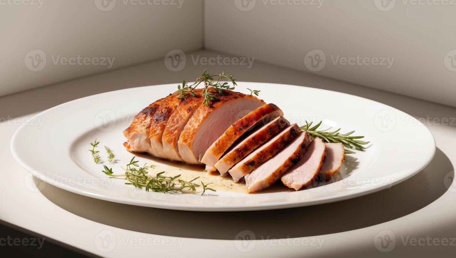 Deliciously Seared Duck Breast Slices on a White Plate with Herbs photo