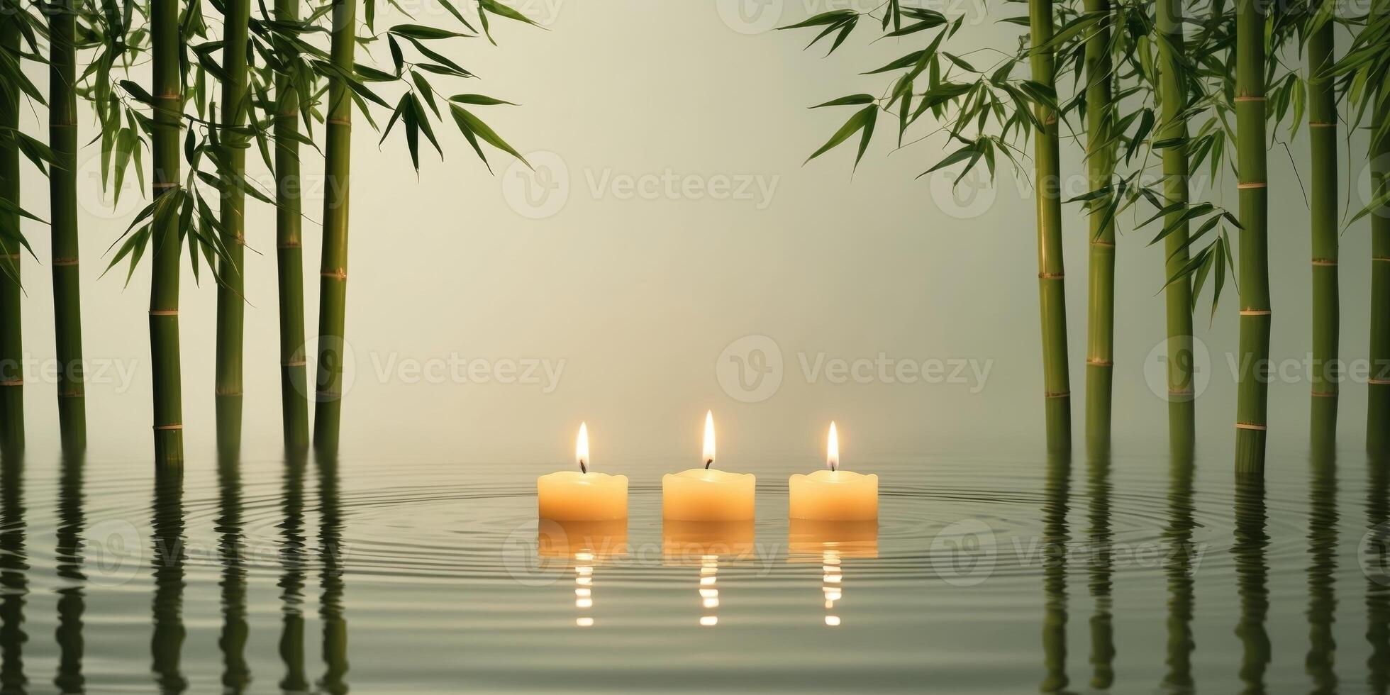 Serene Candles Float Gently On Calm Water Near Bamboo photo