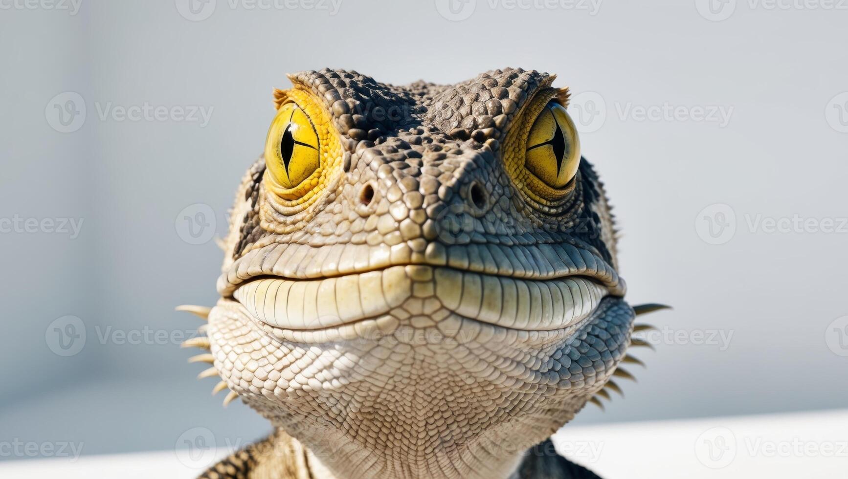 A close up of a lizard's face with yellow eyes photo