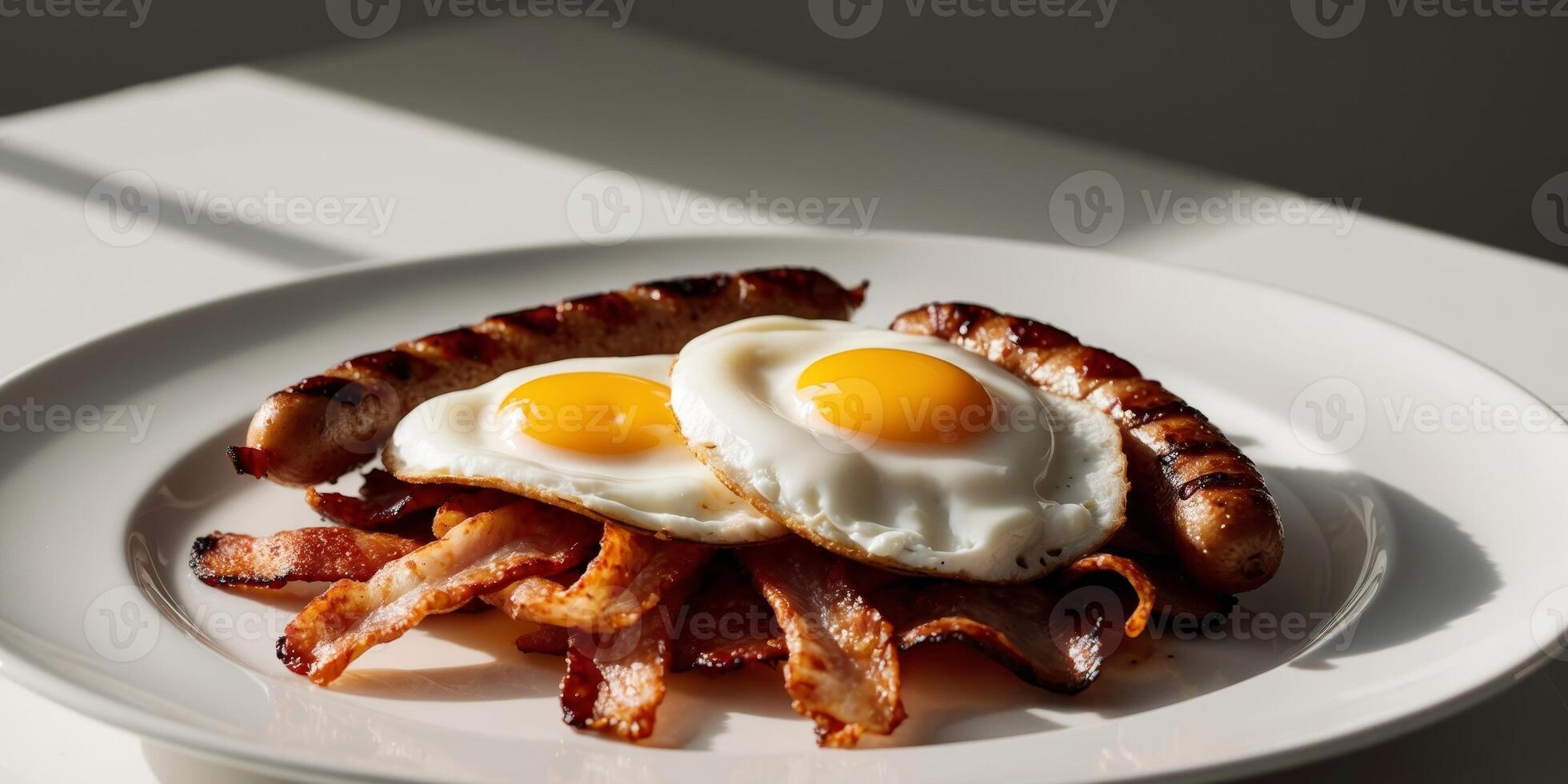 Fried Eggs with Crispy Bacon and Grilled Sausage - A Delicious Breakfast photo