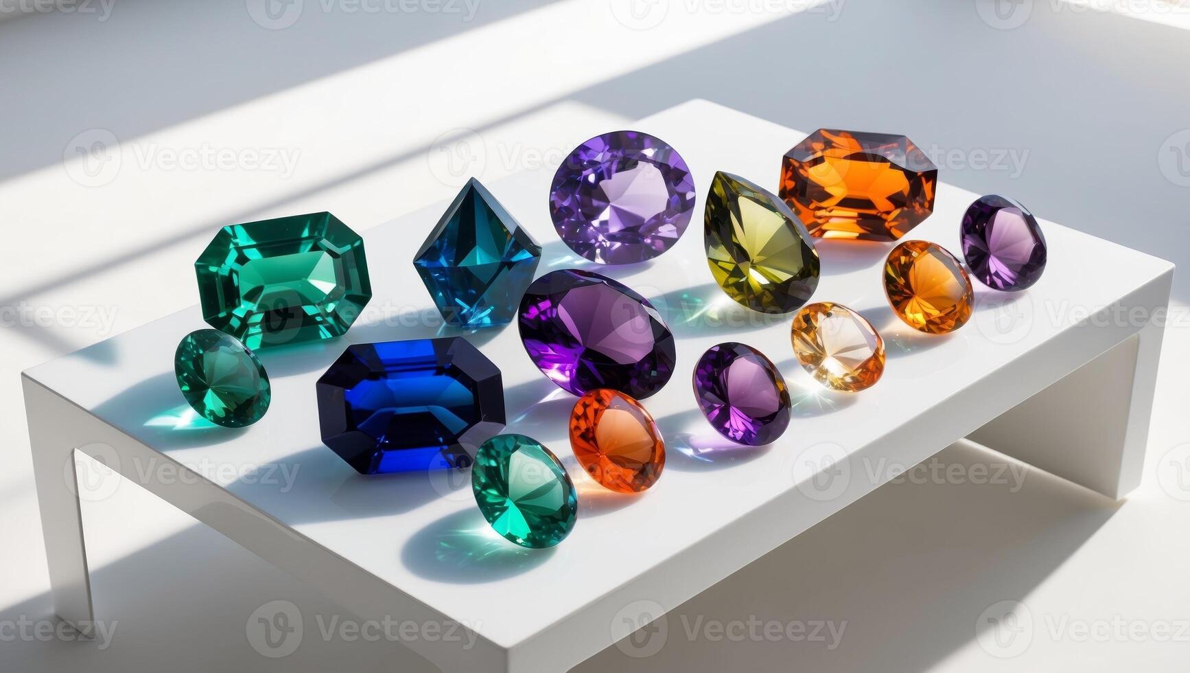 A collection of variously colored crystals arranged on a table photo