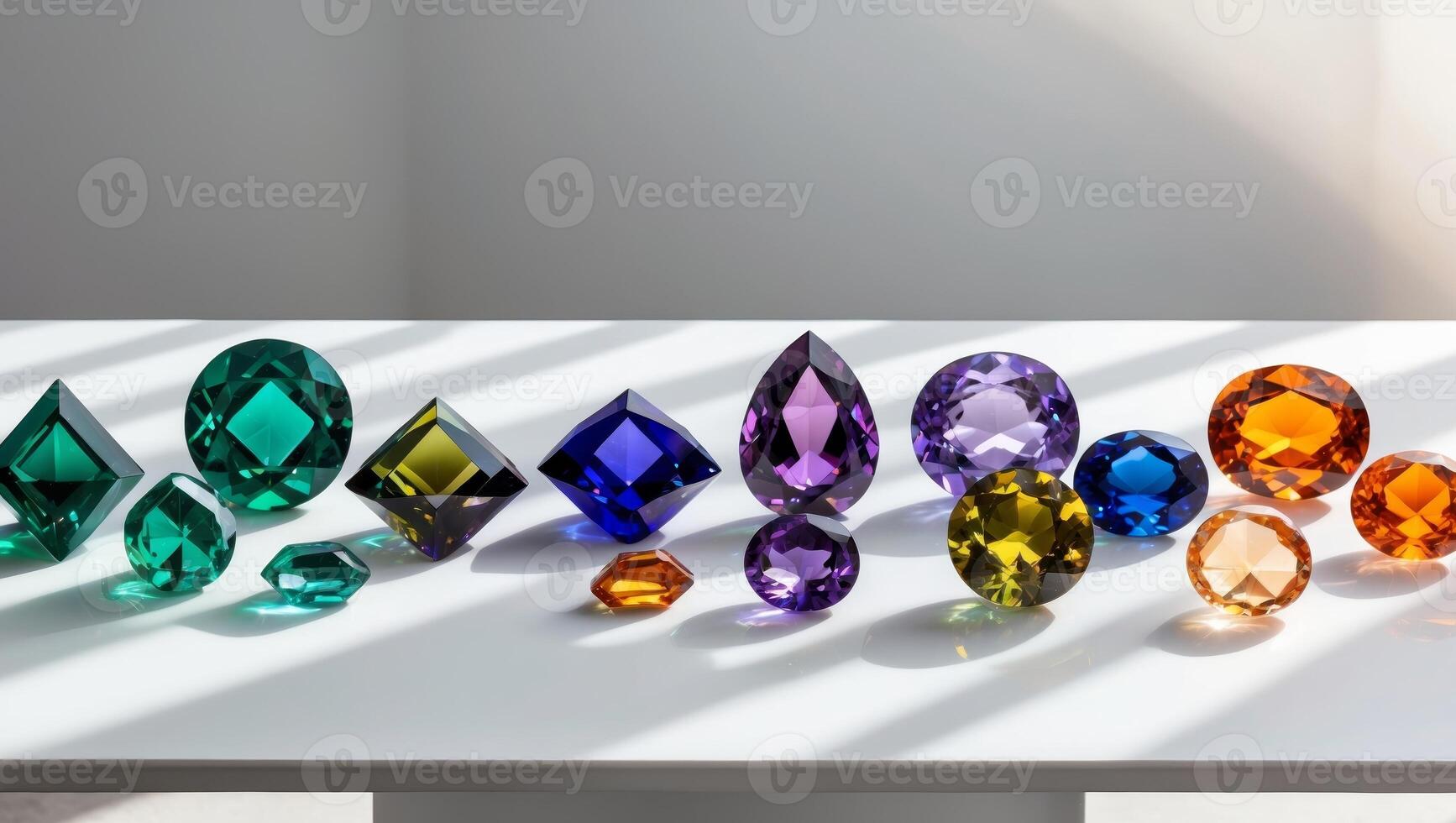 A collection of variously colored crystals arranged on a table photo
